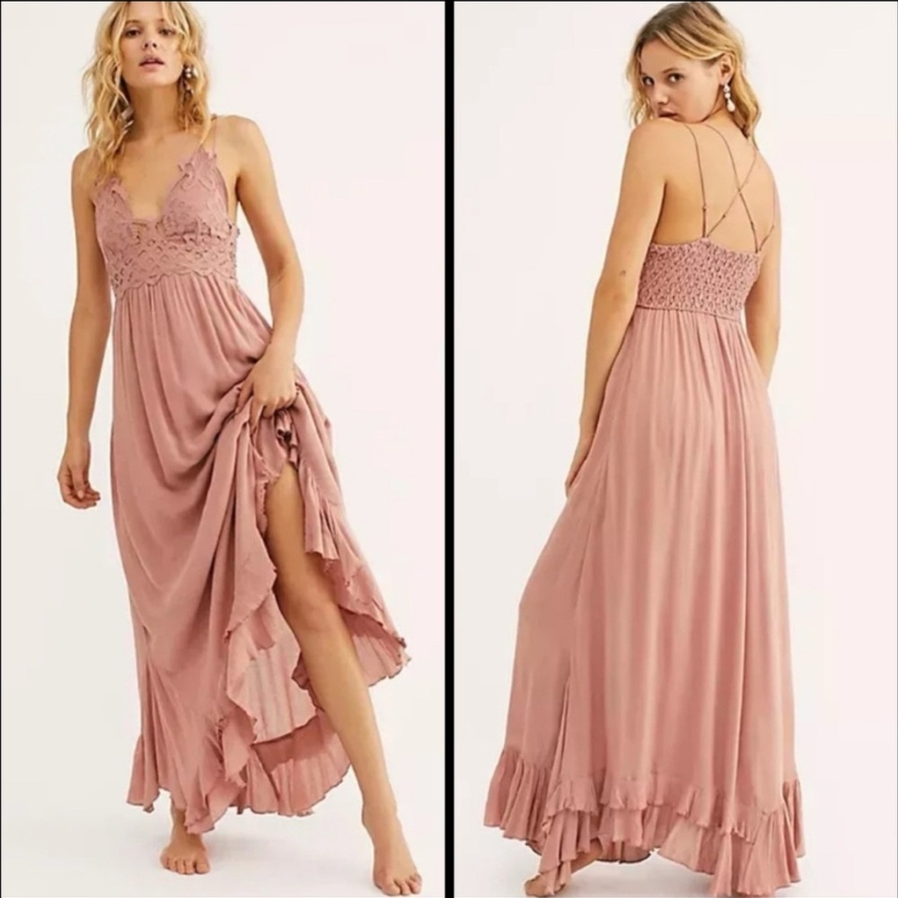 FREE PEOPLE ADELLA Maxi Lace Slip Dress, rose pink, Size S